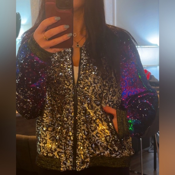 Splash Jackets & Blazers - Splash Sequin Bomber Jacket in Silver and Purple